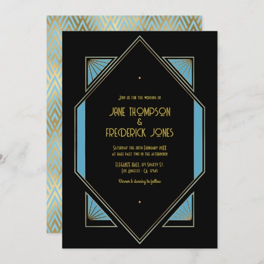 Elegant Gatsby Art Deco Blue & Gold Wedding Photo Kaart (Voorkant / Achterkant)