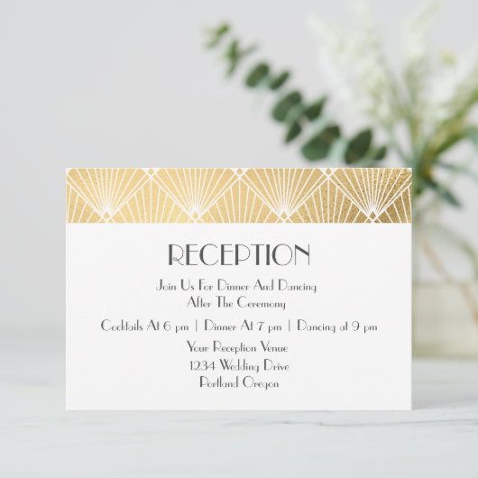 Elegant Gatsby Art Deco Gold Wedding Reception Informatiekaartje (Staand voorkant)