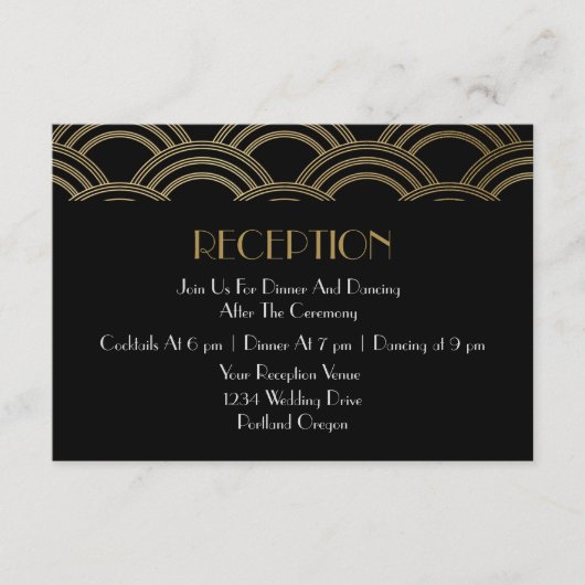 Elegant Gatsby Art Deco Gold Wedding Reception Informatiekaartje (Voorkant)