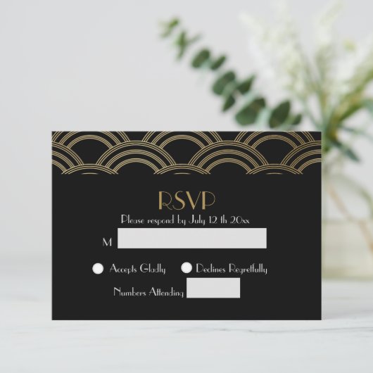 Elegant Gatsby Art Deco Gold Wedding RSVP (Staand voorkant)