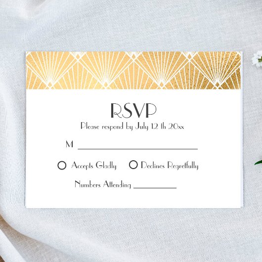 Elegant Gatsby Art Deco Gold Wedding RSVP Kaartje
