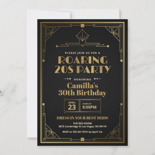 Elegant Gatsby Art Deco Roaring 20s Black Gold Kaart (Voorkant)