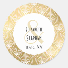 Elegant Gatsby Art Deco White & Gold Wedding Clas Ronde Sticker