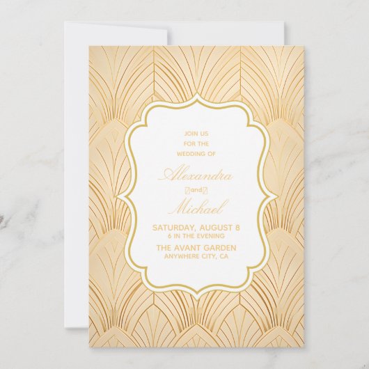 Elegant Gatsby Art Deco White & Gold Wedding Kaart (Voorkant)