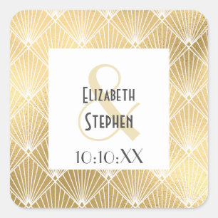 Elegant Gatsby Art Deco White & Gold Wedding Squar Vierkante Sticker