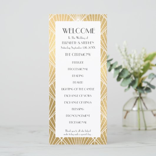 Elegant Gatsby Deco White & Gold Wedding Programme Programmakaart (Staand voorkant)