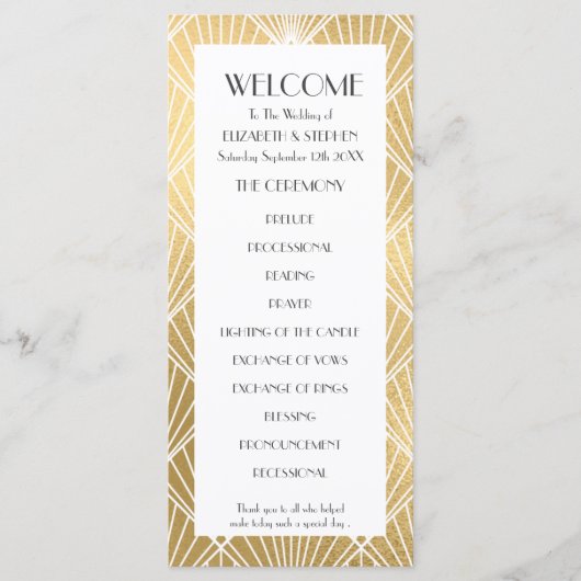 Elegant Gatsby Deco White & Gold Wedding Programme Programmakaart (Voorkant)