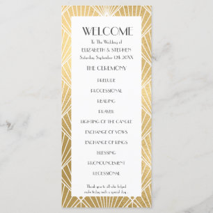 Elegant Gatsby Deco White & Gold Wedding Programme Programmakaart