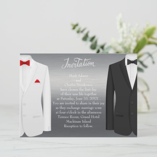 Elegant Gay Wedding Invitation Silver Tuxedos Kaart (Staand voorkant)