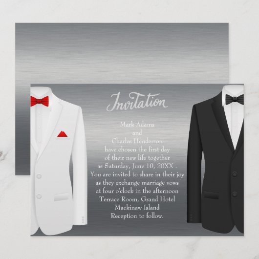Elegant Gay Wedding Invitation Silver Tuxedos Kaart (Voorkant / Achterkant)