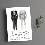 Elegant Gay Wedding Tuxedo Waterverven Save The Date<br><div class="desc">Elegant en chic no foto gay mannen bruiloft save the date aankondiging with two grijy and black tuxedo waterverven with blue accents and "Save the Date" in a stylish script. Voeg je namen,  trouwdatum en locatie toe in moderne typografie.</div>