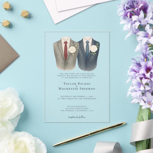 Elegant Gay Wedding Two Grooms in Suits Acryl Uitnodigingen (Insitu (Huwelijk))