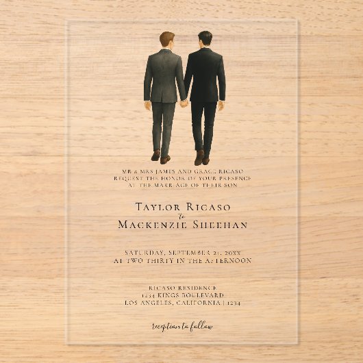 Elegant Gay Wedding Two Grooms in Suits Acryl Uitnodigingen (Voorkant)
