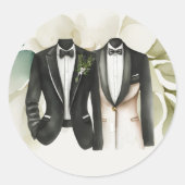 Elegant Gay Wedding Two Grooms in Suits Ronde Sticker (Voorkant)