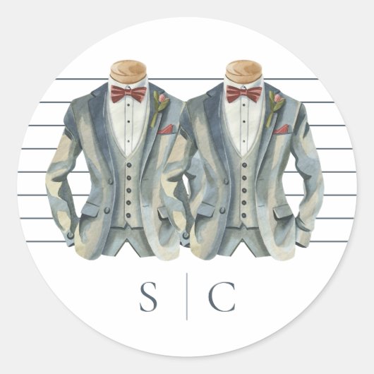 Elegant Gay Wedding Two Grooms in Suits Ronde Sticker (Voorkant)