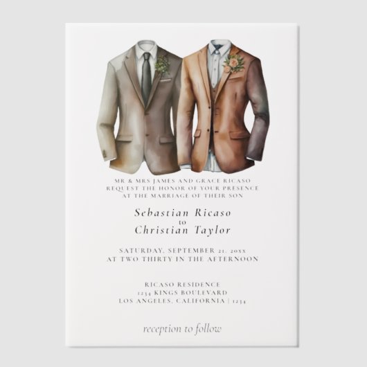 Elegant Gay Wedding Two Grooms in Suits Vellum Uitnodigingen (Voorkant)