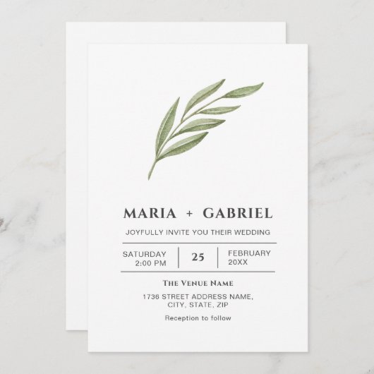 Elegant gebladerte. Eenvoudige moderne trouw Kaart (Voorkant / Achterkant)