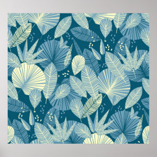 Elegant gebladerte: grijs-blauw tropisch patroon. poster
