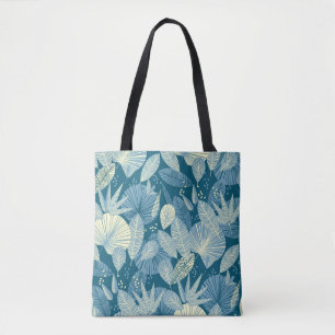 Elegant gebladerte: grijs-blauw tropisch patroon. tote bag