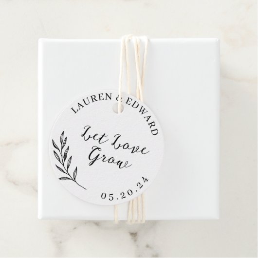 Elegant gebladerte laat liefde groeien bruiloft bedankjes labels (In situ)