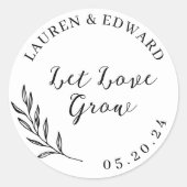 Elegant gebladerte laat liefde groeien bruiloft gu ronde sticker (Voorkant)