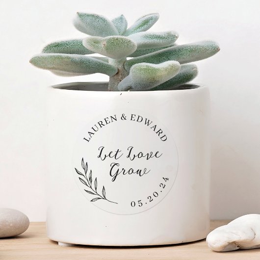 Elegant gebladerte laat liefde groeien bruiloft gu ronde sticker
