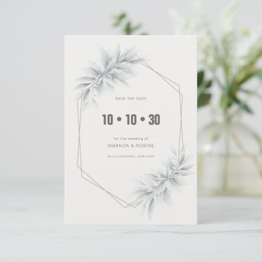 Elegant gebladerte modern save the date (Staand voorkant)