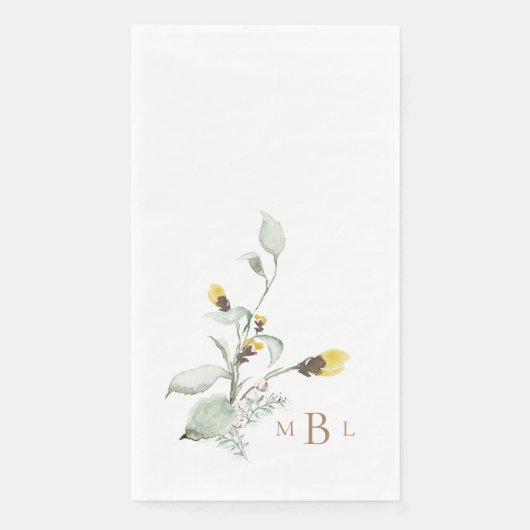 Elegant gebladerte & Monogram Geel Bloemen Bruilof Servet (Voorkant)