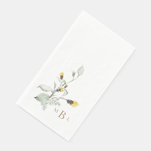 Elegant gebladerte & Monogram Geel Bloemen Bruilof Servet (Hoek)
