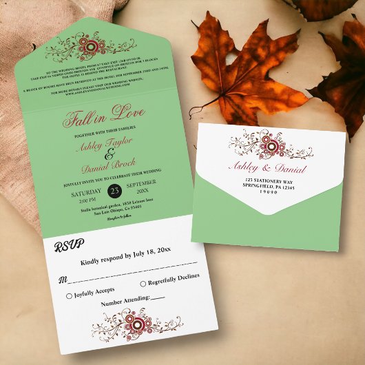 Elegant  gebladerte Sage Herfst Bloemenbruiloft All In One Uitnodiging