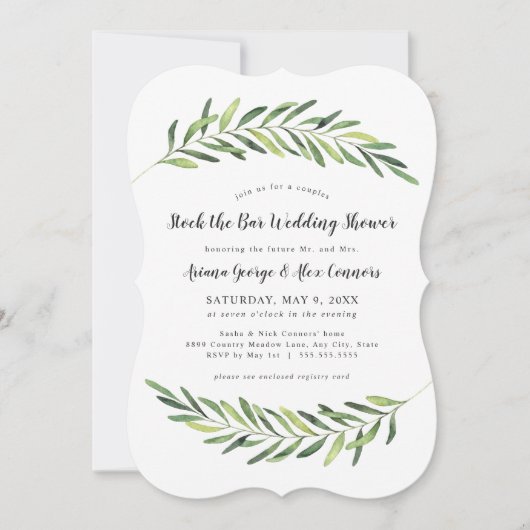 Elegant gebladerte stock de bar bruiloft douche kaart (Voorkant)