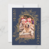 Elegant gebogen marine blauw goud foto feestdagenkaart (Voorkant)