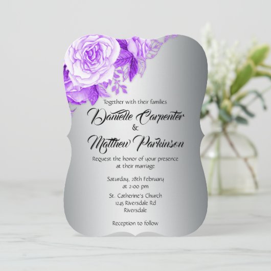 Elegant gebogen Paarse Rozen zilveren bruiloft Kaart (Staand voorkant)