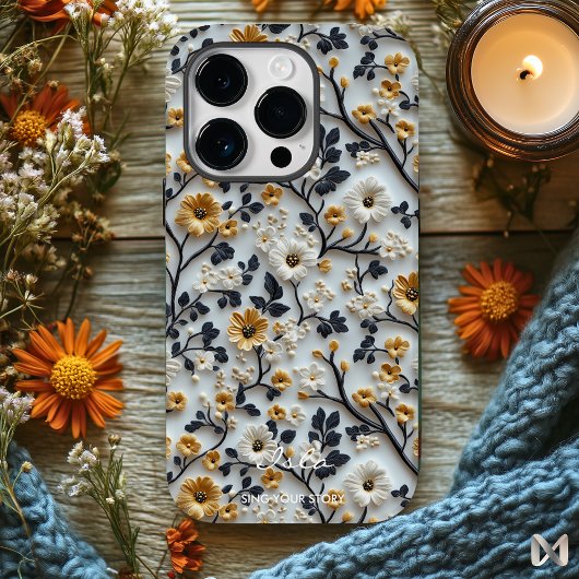 Elegant Geborduurd Gouden Bloempatroon Case-Mate iPhone Case