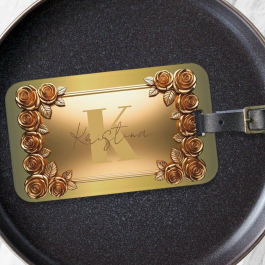 Elegant geborsteld goud en brons Roos monogram Bagagelabel