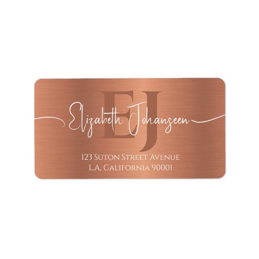 Elegant Geborsteld Koper Metalen Script Monogramme Etiket (Voorkant)