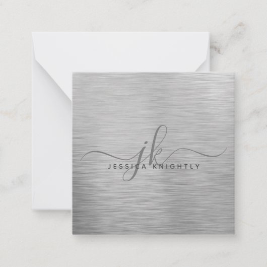 Elegant geborsteld Metallic Silver Script Monogram Notitiekaartje (Voorkant)