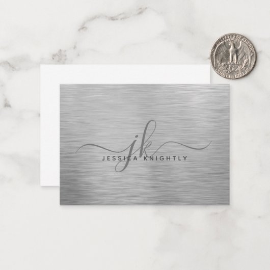 Elegant geborsteld Metallic Silver Script Monogram Notitiekaartje (Voorkant / Achterkant in situ)