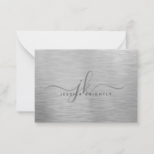 Elegant geborsteld Metallic Silver Script Monogram Notitiekaartje (Voorkant)