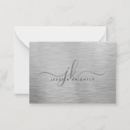 Elegant geborsteld Metallic Silver Script Monogram Notitiekaartje