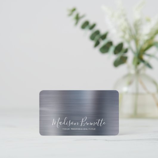 Elegant geborsteld metallisch grijs kalligrafie sc visitekaartje (Staand voorkant)