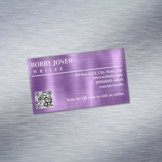 Elegant Geborsteld Paarse Folie Metallic QR Code Magnetisch Visitekaartje (Voorbeeld)