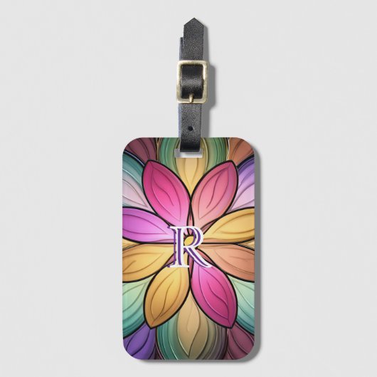 Elegant Gebrandschilderd Bloem Monogram Initiaal Bagagelabel (Voorkant (verticaal))