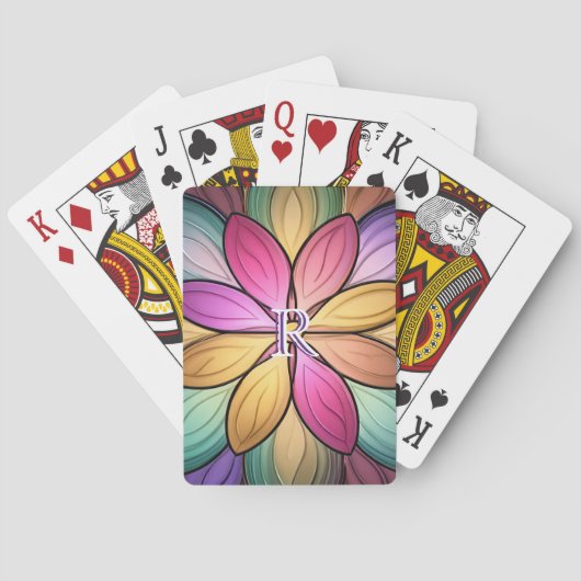 Elegant Gebrandschilderd Bloem Monogram Initiaal Pokerkaarten (Achterkant)