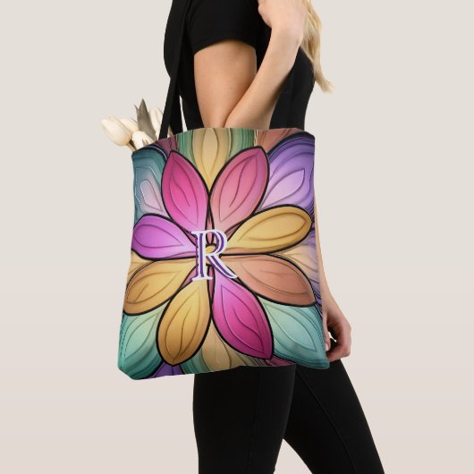 Elegant Gebrandschilderd Bloem Monogram Initiaal Tote Bag (Dichtbij)