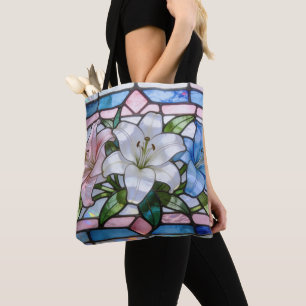 Elegant gebrandschilderde lelie bloemontwerp in za tote bag