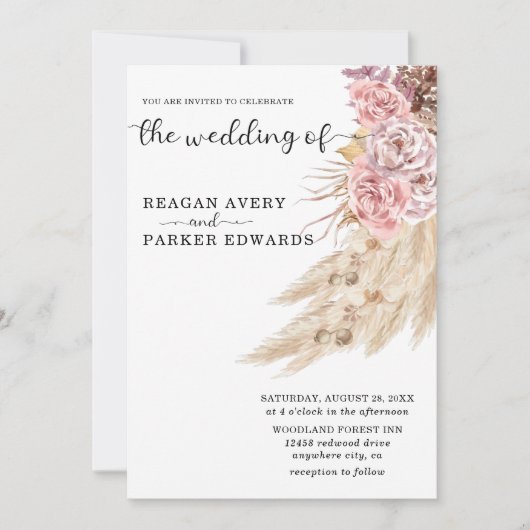 Elegant gedroogd pampas gras bloemenbruiloft kaart (Voorkant)