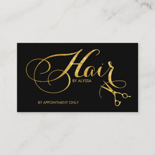Elegant gedrukte Gold Foil Script Hair Stylist Visitekaartje (Voorkant)