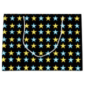 Elegant Geel & Blauw Sterrenpatroon op Zwart Groot Cadeauzakje (Voorkant)