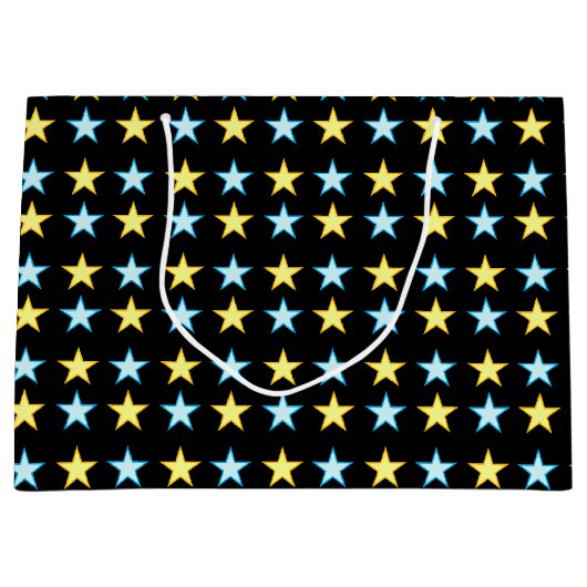 Elegant Geel & Blauw Sterrenpatroon op Zwart Groot Cadeauzakje (Voorkant)